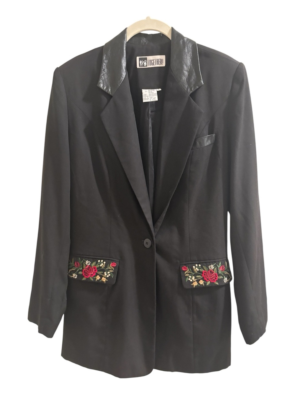 Vintage Together! Black Embroidered Blazer Faux Leather Trim Pockets Size 6